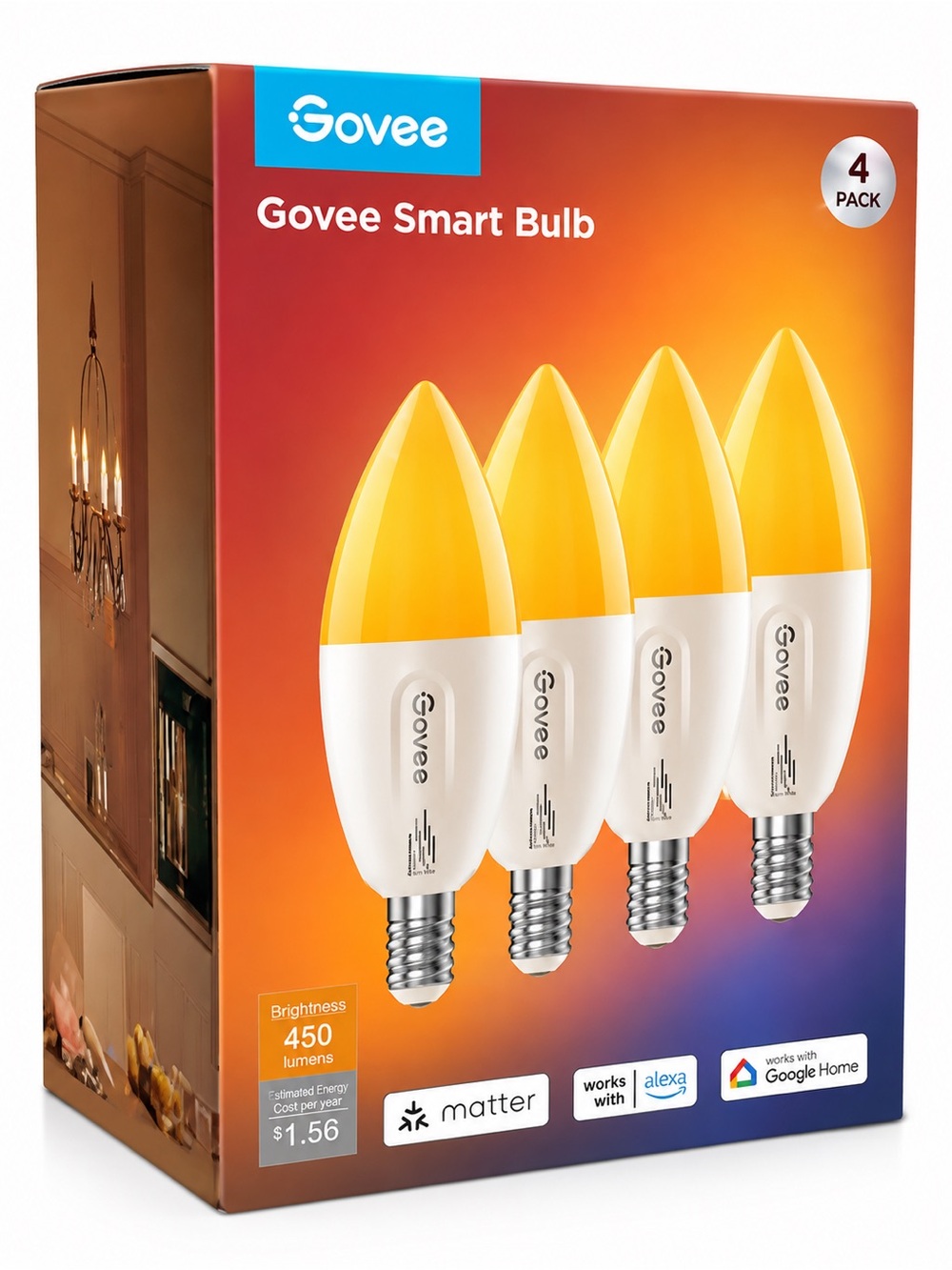 Govee Smart Bulb (4-Pack) – Warm Yellow Smart LED Candle Bulbs